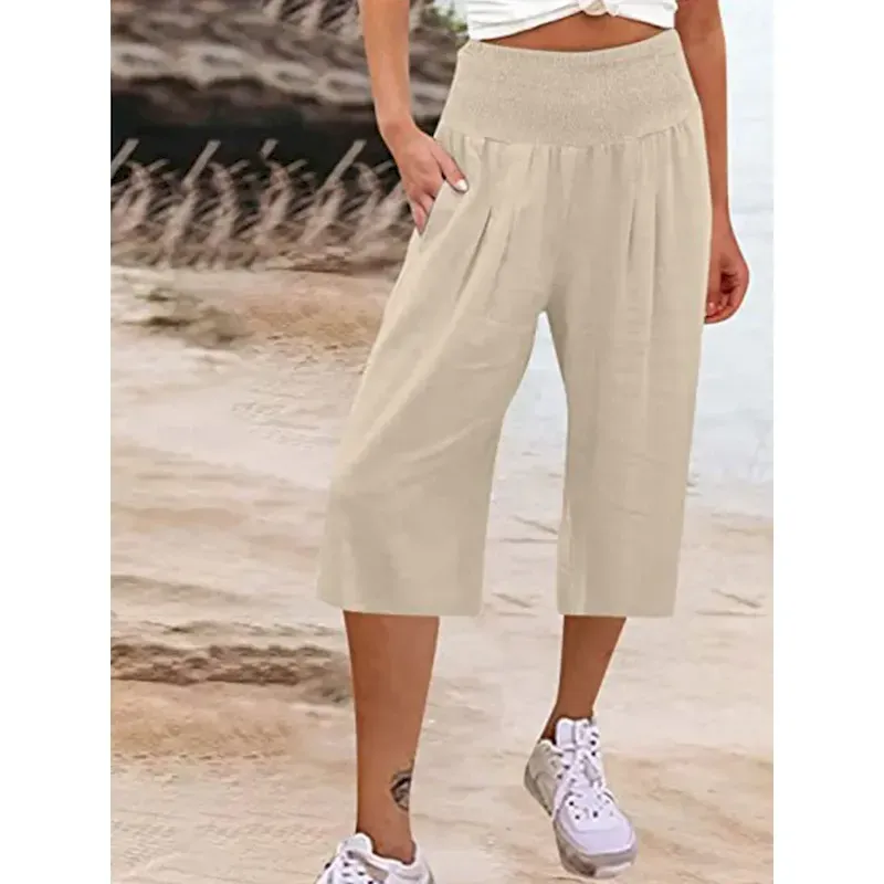 aawwnl1736838581157.webp Women's Cotton Linen Shorts Linen-Inspired Pants Cotton Linen Pants Fashion Streetwear Ankle-Length High Waist Plain Pocket Elastic Waistband Comfy So - Image 1