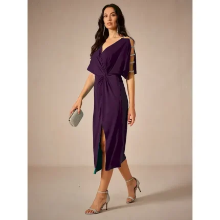 Women's Tea Length Knit Dress Elegant Stylish Party Date Regular Fit Solid Color Short Sleeve V Neck Eggplant Summer 2025 - Image 3