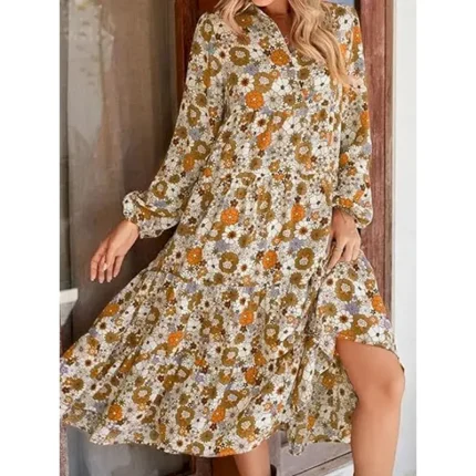 Women's Floral Split Neck Midi Dress Long Sleeve Summer Spring 2025 - Image 5