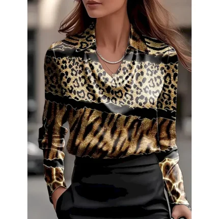Women's Shirt Graphic Leopard Geometric Elegant Stylish Casual Long Sleeve Cowl Neck V Neck Regular Tops Work Party Evening Wear Daily Ruched Draped B - Image 3