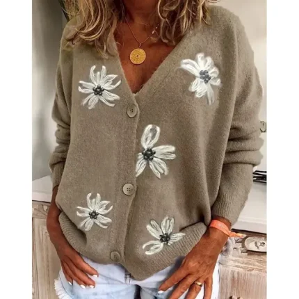Women's Normal Sweater Cardigan Sweater Stylish Chic & Modern Casual Floral Maillard V Neck Embroidered Knitted Long Sleeve Knit Daily Holiday Red Gre - Image 3