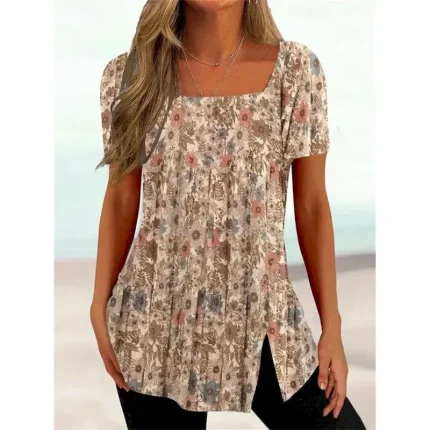 Women's Plus Size T Shirt Tunic Basic Floral Striped Print Short Sleeve Regular Tops Square Neck Casual Holiday Black White Pink Purple Dark Gray 2025 - Image 5