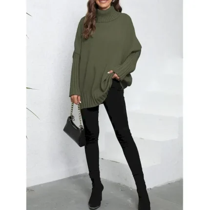 Women's Sweater Casual Soft Pure Color Ribbed Turtleneck Knitted Long Sleeve Regular Tops Knit Outdoor Daily Weekend Navy Blue Green Fall Winter 2025 - Image 3