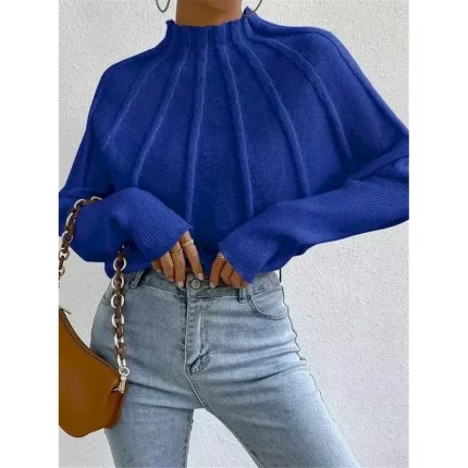 Women's Sweater Fashion Daily Solid Color Mock Neck Knitted Textured Batwing Sleeve Long Sleeve Regular Tops Knit Home Work Daily Black White Fall Win - Image 5