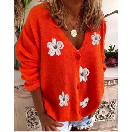 Women's Normal Sweater Cardigan Sweater Stylish Chic & Modern Casual Floral Maillard V Neck Embroidered Knitted Long Sleeve Knit Daily Holiday Red Gre - Image 5