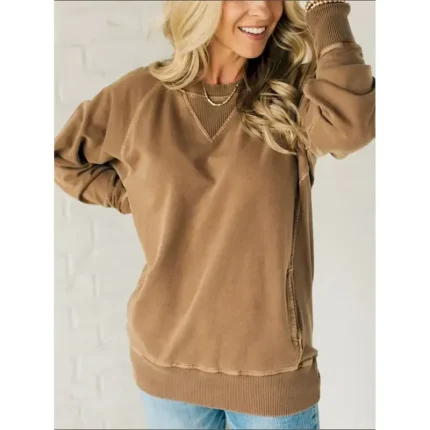 Women's Sweatshirt Casual Plain Street Dailywear Crew Neck Pocket Long Sleeve Red Khaki Gray Fall Winter 2025 - Image 3