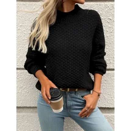 Women's Sweater Casual Soft Solid Color Mock Neck Textured Long Sleeve Regular Tops Knit Outdoor Work Daily Black White Fall Winter 2025 - Image 4