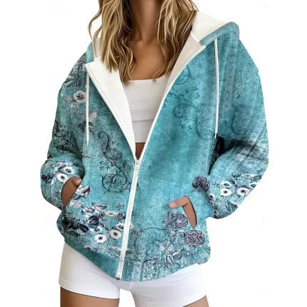 Women's Zip Up Hoodies Floral Graphic Tribal Fashion Casual Long Sleeve Hooded Regular Tops Street Dailywear Casual Zipper Pocket Print Maroon Dark Bl - Image 2