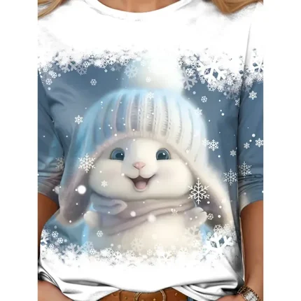 Women's T shirt Long Sleeve Crew Neck Long Sleeve Tunic T-shirt Winter Bunny Graphic Print Casual Holiday Festive Snowflake Pattern Regular Fit Light - Image 3