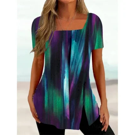 Women's Plus Size T Shirt Tunic Basic Floral Striped Print Short Sleeve Regular Tops Square Neck Casual Holiday Black White Pink Purple Dark Gray 2025 - Image 3