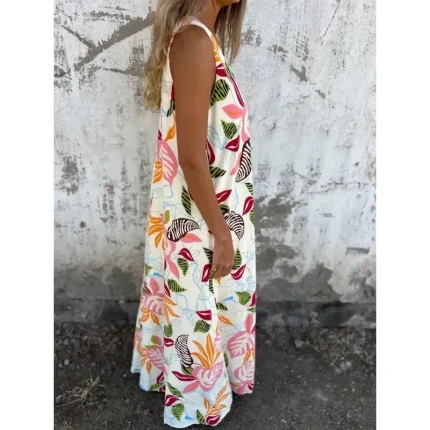 Women's Maxi Dress A Line Dress Slip Dress Vacation Casual Boho Outdoor Going out Regular Fit Floral Sleeveless V Neck Blue Apricot Beige Summer 2025 - Image 3