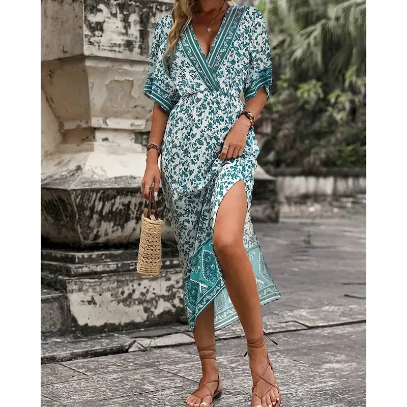 kaeowe1737536257391.webp Women's Midi Dress Casual Dress A Line Dress Summer Dress Boho Dress Hawaiian Stylish Vacation Daily Date Regular Fit Floral Short Sleeve V Neck Dark - Image 1