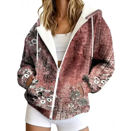 Women's Zip Up Hoodies Floral Graphic Tribal Fashion Casual Long Sleeve Hooded Regular Tops Street Dailywear Casual Zipper Pocket Print Maroon Dark Bl