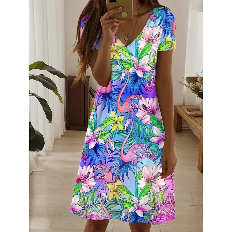 lvcwxr1739354663126-1.webp Women's Mini Dress Casual Dress Elegant Tropical Hawaiian Daily Regular Fit Floral Short Sleeve Crew Neck Colourful Summer 2025 - Image 1
