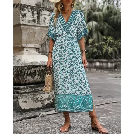 Women's Midi Dress Casual Dress A Line Dress Summer Dress Boho Dress Hawaiian Stylish Vacation Daily Date Regular Fit Floral Short Sleeve V Neck Dark - Image 4