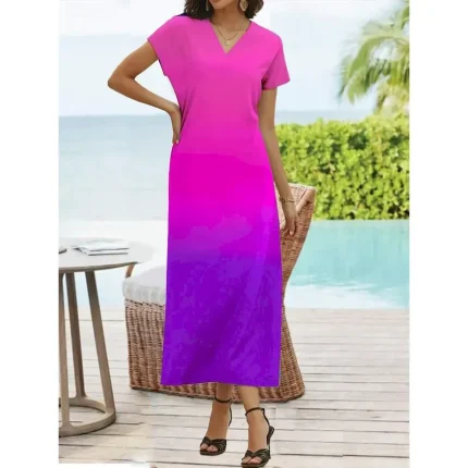 Women's Maxi Dress Casual Dress Sundress Shift Dress Tropical Drop Shoulder Vacation Loose Fit Ombre Rainbow Color Gradient Short Sleeve V Neck Blue L - Image 3