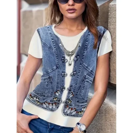 Women's T Shirt Graphic Bohemia Vintage Stylish Short Sleeve Crew Neck Regular Tops Daily Going out Weekend Print Blue Summer Spring 2025 - Image 3