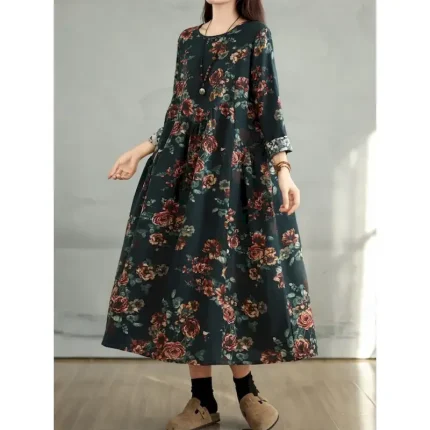 Women's Maxi Dress A Line Dress Casual Daily Regular Fit Floral Long Sleeve Crew Neck Navy Red Dark Green Brown Summer Fall 2025 - Image 5