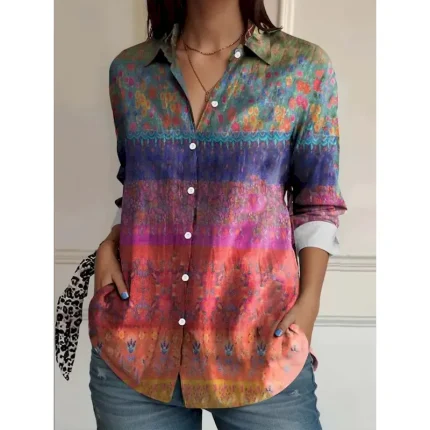 Women's Shirt Button Down Tunic Shirt Collar Long Sleeve Floral Casual Regular Tops Work Daily s Print Orange Spring Fall Winter 2025