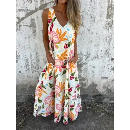 Women's Maxi Dress A Line Dress Slip Dress Vacation Casual Boho Outdoor Going out Regular Fit Floral Sleeveless V Neck Blue Apricot Beige Summer 2025 - Image 5