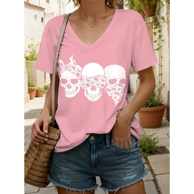 nyxvwl1752887516938.webp Women's T Shirt Skulls Graphic Cat Vintage Stylish Classic Short Sleeve V Neck Regular Tops Daily Print Black and White Black White Yellow Pink Summer - Image 1