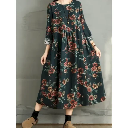 Women's Maxi Dress A Line Dress Casual Daily Regular Fit Floral Long Sleeve Crew Neck Navy Red Dark Green Brown Summer Fall 2025 - Image 4