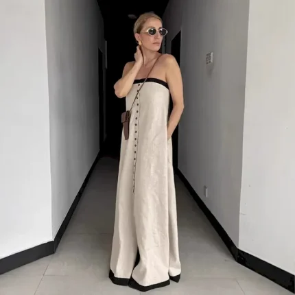 Women's Linen Cotton Maxi Dress Sundress A Line Dress Off The Shoulder Dress Vacation Birthday Casual Party Beach Standard Fit Solid Color Graphic Sle - Image 3