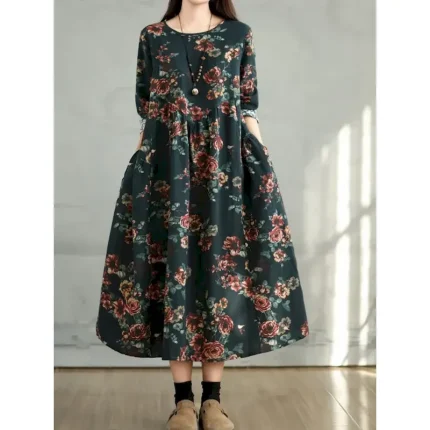Women's Maxi Dress A Line Dress Casual Daily Regular Fit Floral Long Sleeve Crew Neck Navy Red Dark Green Brown Summer Fall 2025 - Image 3