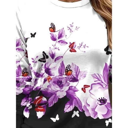 Women's T shirt Crew Neck Long Sleeve Tunic Floral Graphic Butterfly Vintage Stylish Classic  Round Neck Regular Tops Daily Print Yellow Red Blue Purp - Image 4