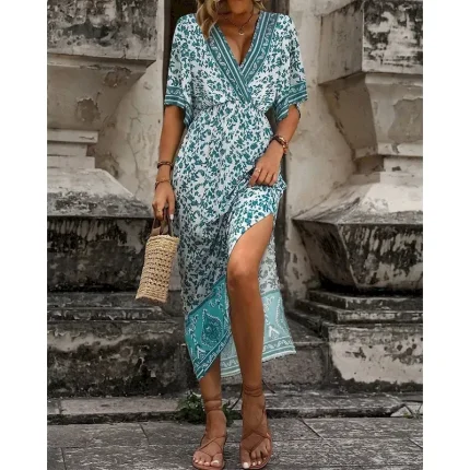 Women's Midi Dress Casual Dress A Line Dress Summer Dress Boho Dress Hawaiian Stylish Vacation Daily Date Regular Fit Floral Short Sleeve V Neck Dark - Image 5
