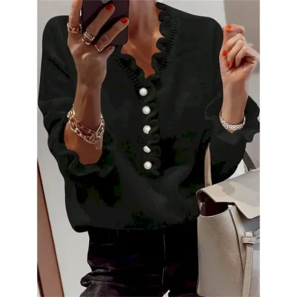 Women's Sweater Casual Soft Pure Color Ribbed V Neck Ruffle Buttons Knitted Long Sleeve Regular Tops Knit Outdoor Daily Weekend Black White Fall Winte - Image 3