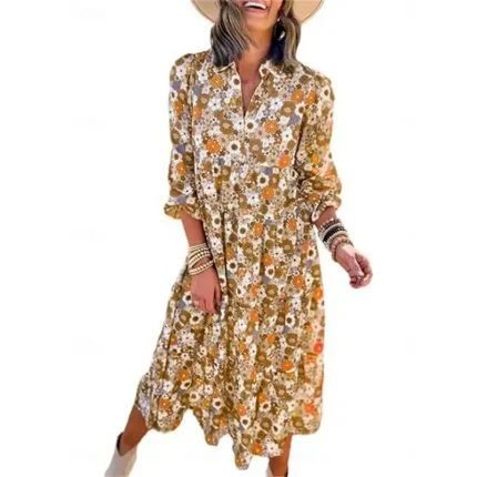 Women's Floral Split Neck Midi Dress Long Sleeve Summer Spring 2025 - Image 4