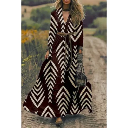 Women's Maxi Dress A Line Dress Pleated Dress Fit And Flare Dress Boho Date Going out Loose Fit Floral Graphic Long Sleeve V Neck Purple Brown Green S - Image 3