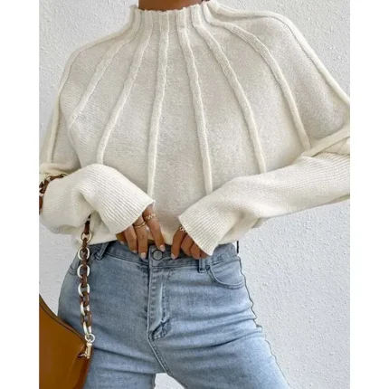 Women's Sweater Fashion Daily Solid Color Mock Neck Knitted Textured Batwing Sleeve Long Sleeve Regular Tops Knit Home Work Daily Black White Fall Win