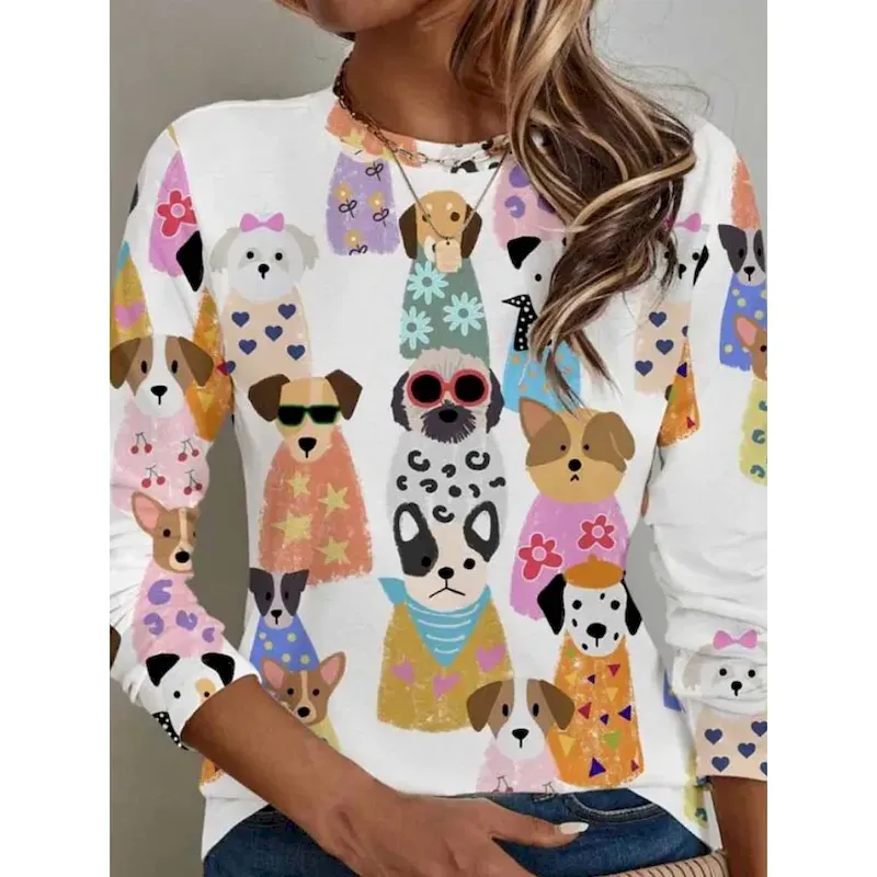 tfjmkk1733468117130.webp Women's T shirt Crew Neck Long Sleeve Tunic Cat Dog Casual Regular Tops Daily Print White Spring Fall 2025 - Image 1
