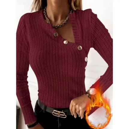 Women's Shirt Solid Color Basic Casual Long Sleeve V Neck Regular Tops Daily Patchwork Buttons Black Red Gray Fall Winter 2025 - Image 3