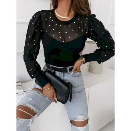 Women's Shirt Blouse Polka Dot Casual Long Sleeve Crew Neck Regular Tops Daily Mesh Patchwork Black Fall Winter 2025 - Image 4