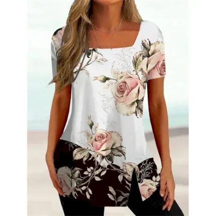 Women's Plus Size T Shirt Tunic Basic Floral Striped Print Short Sleeve Regular Tops Square Neck Casual Holiday Black White Pink Purple Dark Gray 2025 - Image 4