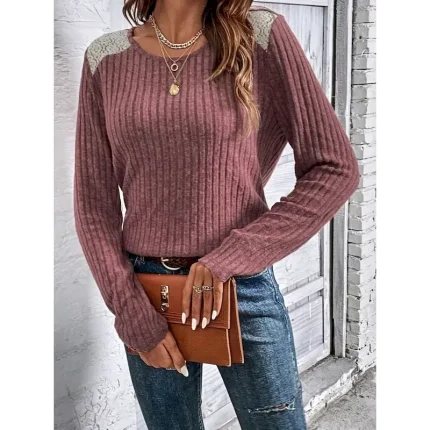 Women's Elegant Lace Tops Eyelet Blouse Casual Solid Color Regular Tops Long Sleeve Crew Neck Lace Patchwork Regular Fit Daily Red Gray Romantic Petit - Image 4