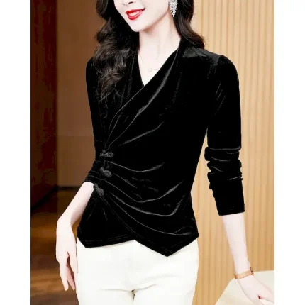 Women's Shirt Blouse Plain Fashion Long Sleeve V Neck Regular Tops Casual Flowing tunic Black Wine Fall & Winter 2025 - Image 3
