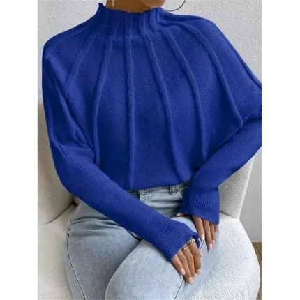Women's Sweater Fashion Daily Solid Color Mock Neck Knitted Textured Batwing Sleeve Long Sleeve Regular Tops Knit Home Work Daily Black White Fall Win - Image 4
