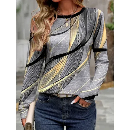 Women's T shirt Long Sleeve Crew Neck Long Sleeve Tunic Casual Print Regular Tops Daily Light Grey Spring Fall Prefall 2025 - Image 2