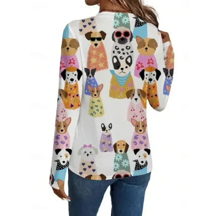 Women's T shirt Crew Neck Long Sleeve Tunic Cat Dog Casual  Regular Tops Daily Print White Spring Fall 2025 - Image 3