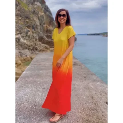 Women's Maxi Dress Casual Dress Sundress Shift Dress Tropical Drop Shoulder Vacation Loose Fit Ombre Rainbow Color Gradient Short Sleeve V Neck Blue L - Image 5