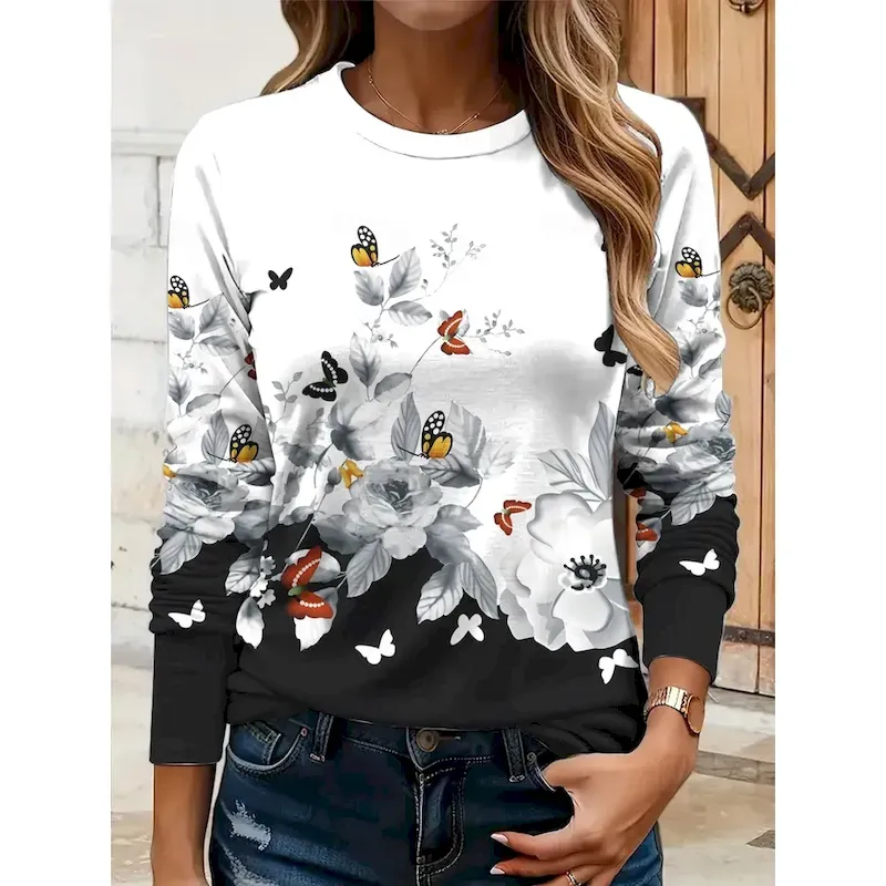 uvtwif1753237617330.webp Women's T shirt Crew Neck Long Sleeve Tunic Floral Graphic Butterfly Vintage Stylish Classic Round Neck Regular Tops Daily Print Yellow Red Blue Purp - Image 1