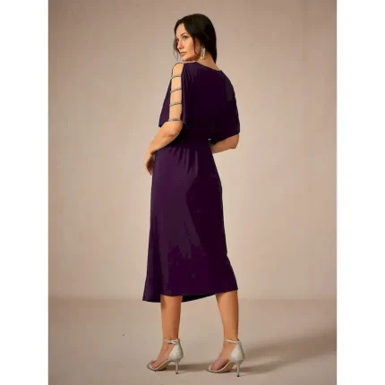 Women's Tea Length Knit Dress Elegant Stylish Party Date Regular Fit Solid Color Short Sleeve V Neck Eggplant Summer 2025 - Image 4