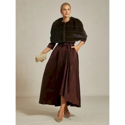 Women's Cocktail Formal Party Brown Faux Fur Wrap  Shrug Capelet  Beaded Button Brown Cowl Neck Fall Winter 2025 - Image 5