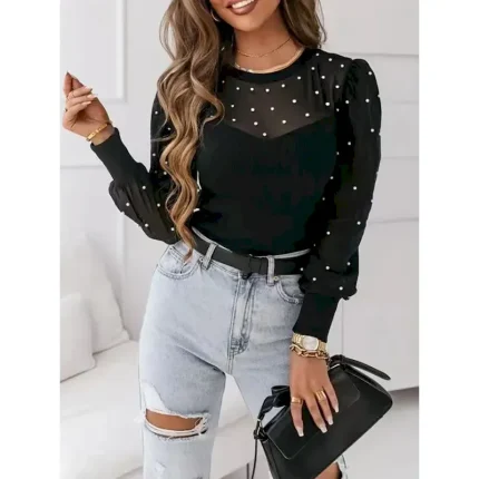 Women's Shirt Blouse Polka Dot Casual Long Sleeve Crew Neck Regular Tops Daily Mesh Patchwork Black Fall Winter 2025 - Image 5