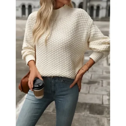 Women's Sweater Casual Soft Solid Color Mock Neck Textured Long Sleeve Regular Tops Knit Outdoor Work Daily Black White Fall Winter 2025