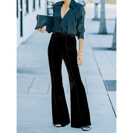Women's Bell Bottom Pants Trousers Elegant Fashion Streetwear Full Length High Waist Plain High Cut Comfort Breathability Soft Micro-elastic Party Off